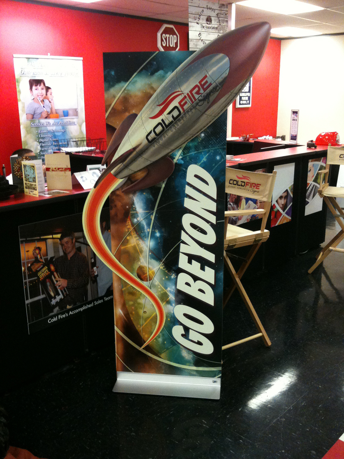 exhibit displays rocket sign